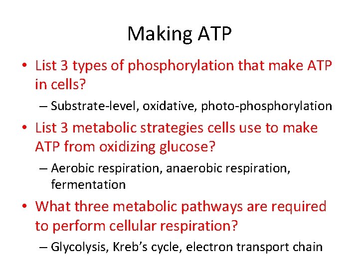 Making ATP • List 3 types of phosphorylation that make ATP in cells? –