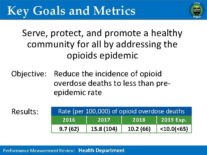 Key Goals and Metrics Serve, protect, and promote a healthy community for all by
