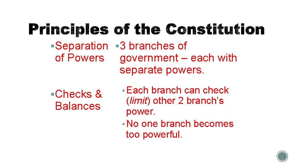 §Separation § 3 branches of of Powers §Checks & Balances government – each with