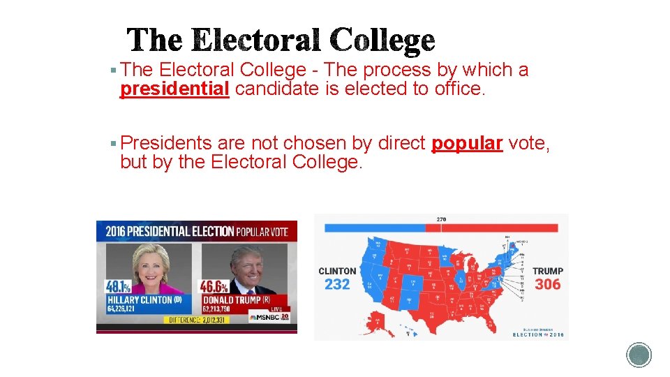§ The Electoral College - The process by which a presidential candidate is elected