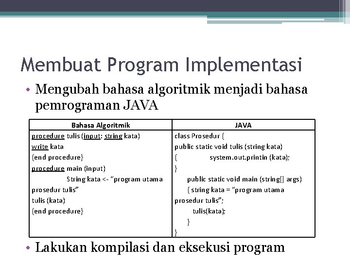 Membuat Program Implementasi • Mengubah bahasa algoritmik menjadi bahasa pemrograman JAVA Bahasa Algoritmik procedure