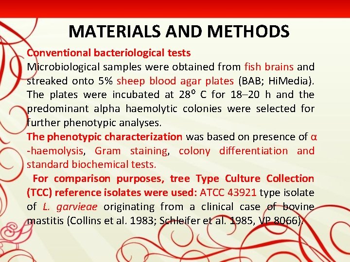 MATERIALS AND METHODS Conventional bacteriological tests Microbiological samples were obtained from fish brains and