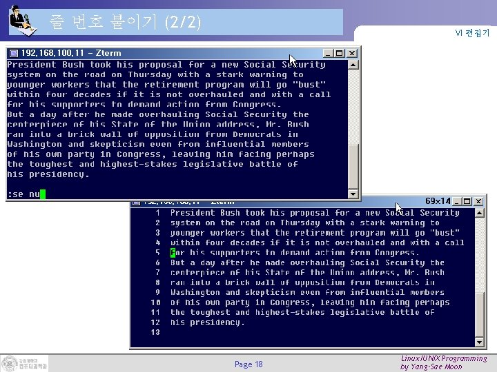 줄 번호 붙이기 (2/2) VI 편집기 Page 18 Linux/UNIX Programming by Yang-Sae Moon 
