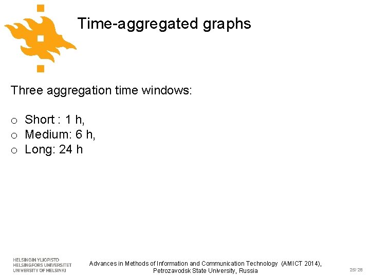 Time-aggregated graphs Three aggregation time windows: o Short : 1 h, o Medium: 6