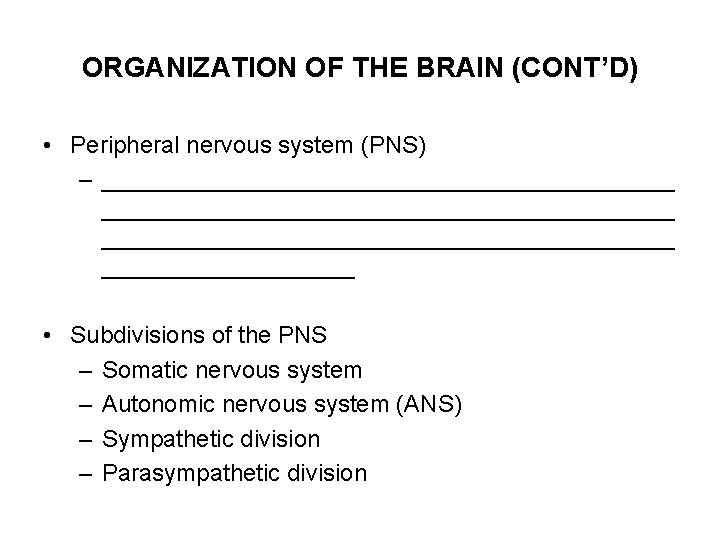 ORGANIZATION OF THE BRAIN (CONT’D) • Peripheral nervous system (PNS) – ___________________________________________ __________ •