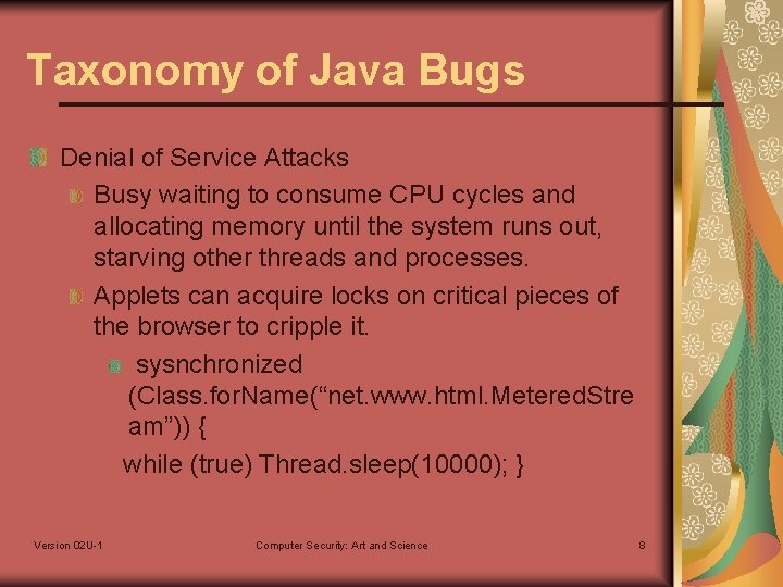 Taxonomy of Java Bugs Denial of Service Attacks Busy waiting to consume CPU cycles