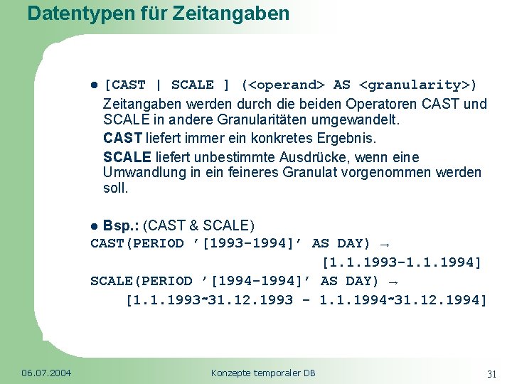 Datentypen für Zeitangaben Republic of South Africa l [CAST | SCALE ] (<operand> AS