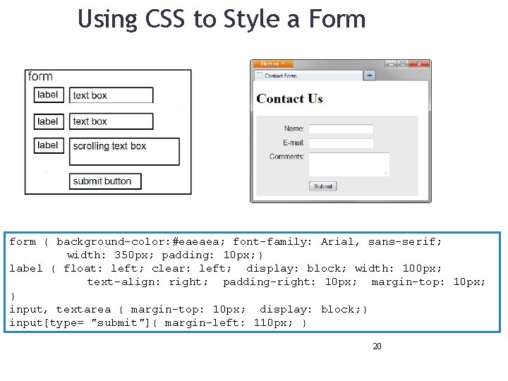 Using CSS to Style a Form form { background-color: #eaeaea; font-family: Arial, sans-serif; width: