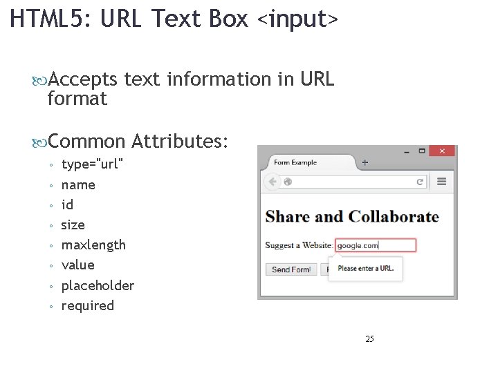 HTML 5: URL Text Box <input> Accepts format text information in URL Common ◦