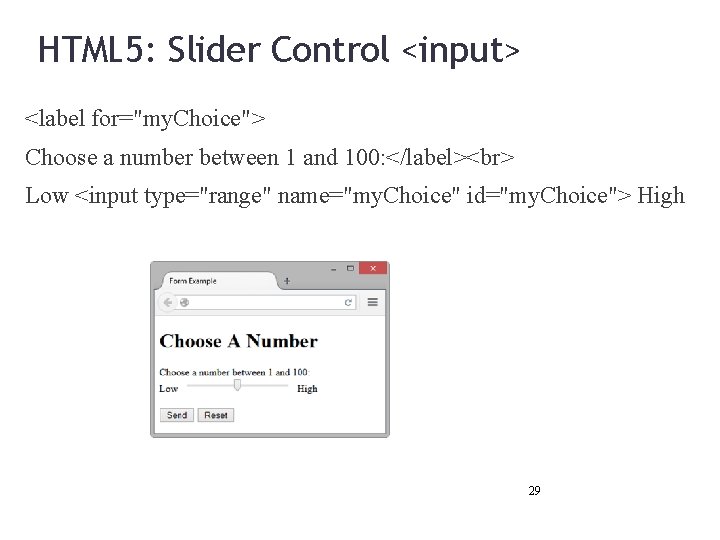 HTML 5: Slider Control <input> <label for="my. Choice"> Choose a number between 1 and