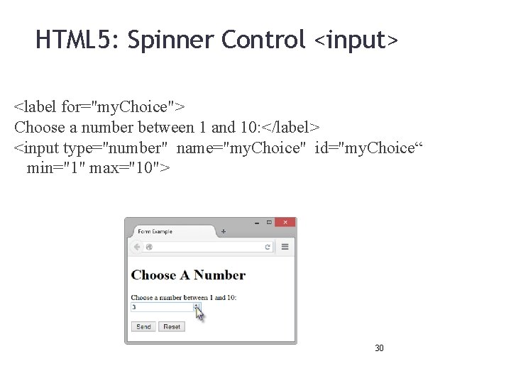 HTML 5: Spinner Control <input> <label for="my. Choice"> Choose a number between 1 and