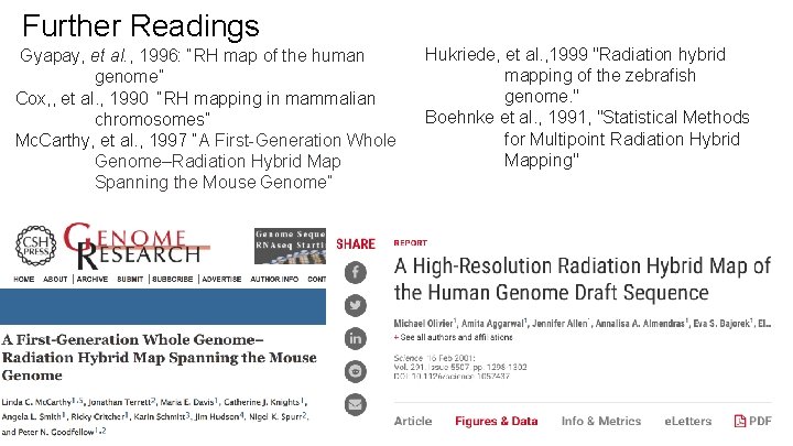 Further Readings Gyapay, et al. , 1996: “RH map of the human genome” Cox,