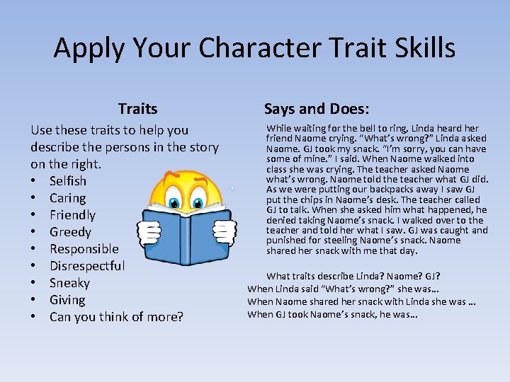 Apply Your Character Trait Skills Traits Use these traits to help you describe the