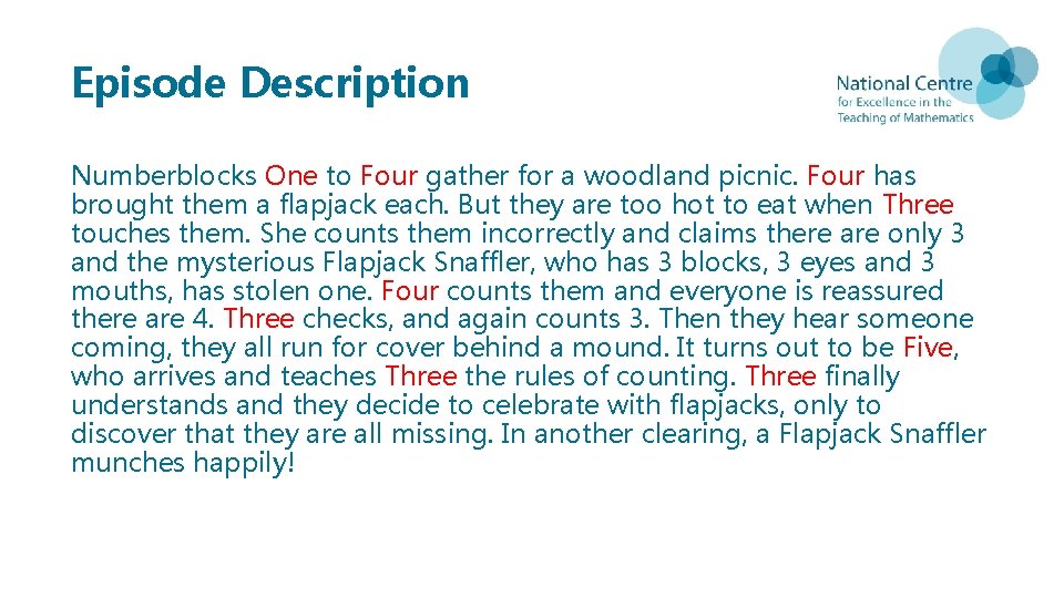Episode Description Numberblocks One to Four gather for a woodland picnic. Four has brought