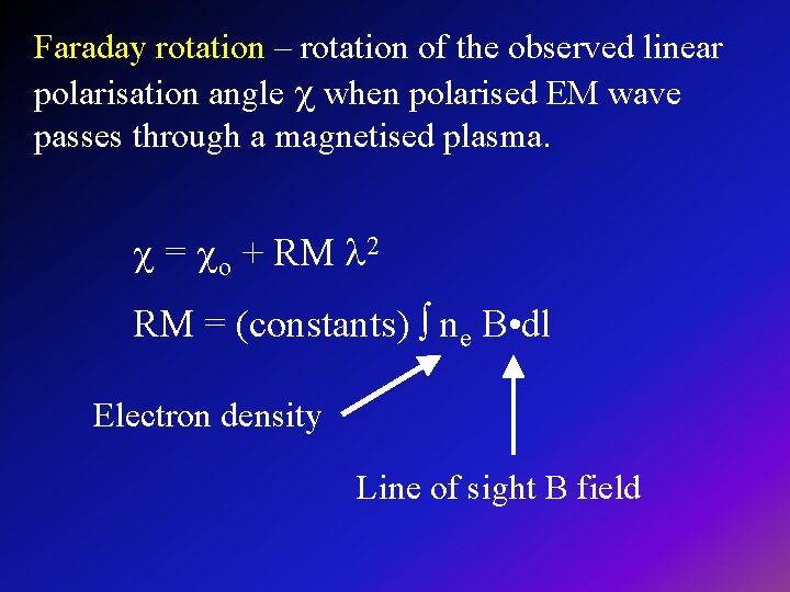 Faraday rotation – rotation of the observed linear polarisation angle when polarised EM wave