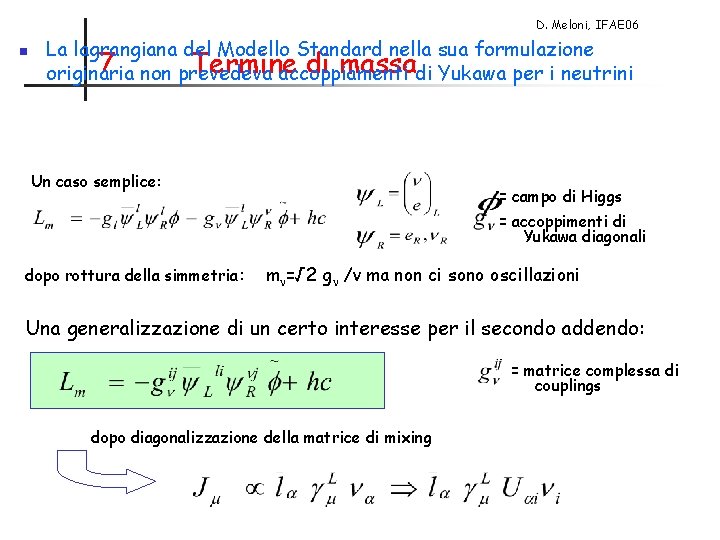 D. Meloni, IFAE 06 n La lagrangiana del Modello Standard nella sua formulazione 7
