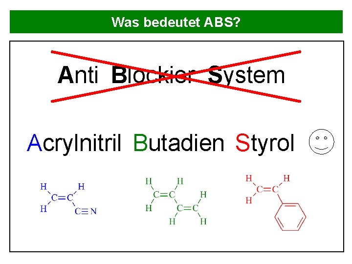 Was bedeutet ABS? Anti Blockier System Acrylnitril Butadien Styrol 