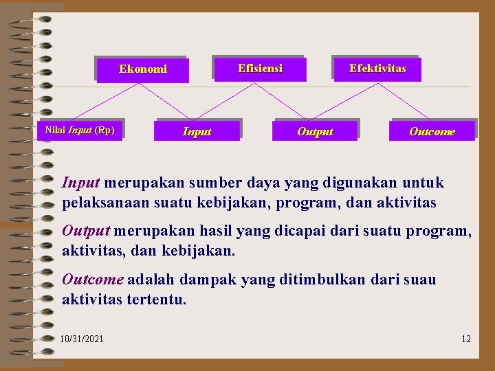 Efisiensi Ekonomi Nilai Input (Rp) Input Efektivitas Output Outcome Input merupakan sumber daya yang