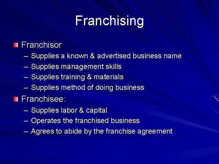 Franchising Franchisor – – Supplies a known & advertised business name Supplies management skills