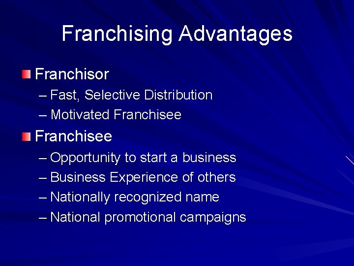 Franchising Advantages Franchisor – Fast, Selective Distribution – Motivated Franchisee – Opportunity to start