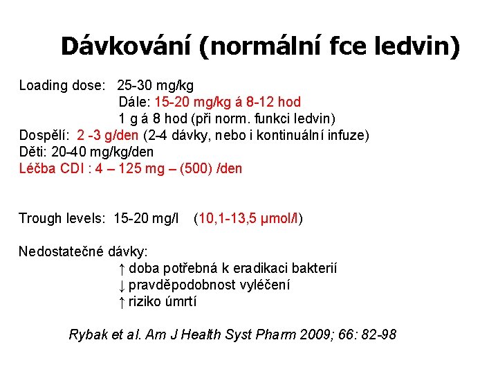 Dávkování (normální fce ledvin) Loading dose: 25 -30 mg/kg Dále: 15 -20 mg/kg á
