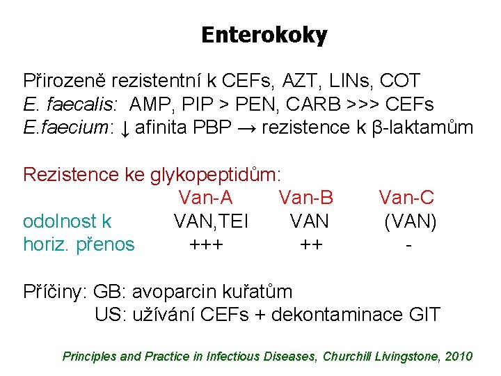 Enterokoky Přirozeně rezistentní k CEFs, AZT, LINs, COT E. faecalis: AMP, PIP > PEN,