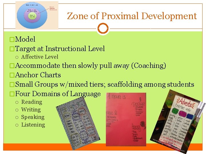 Zone of Proximal Development �Model �Target at Instructional Level Affective Level �Accommodate then slowly