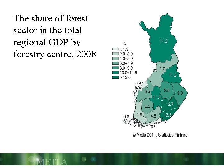The share of forest sector in the total regional GDP by forestry centre, 2008