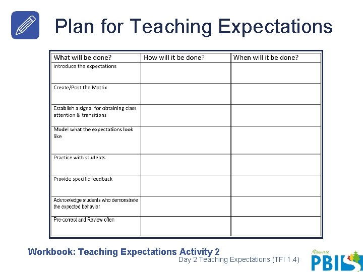 Plan for Teaching Expectations Workbook: Teaching Expectations Activity 2 Day 2 Teaching Expectations (TFI