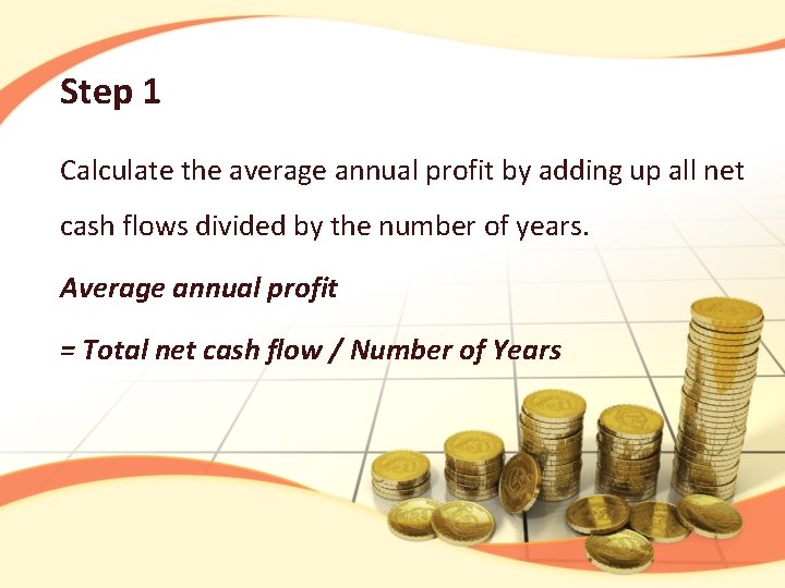 Step 1 Calculate the average annual profit by adding up all net cash flows