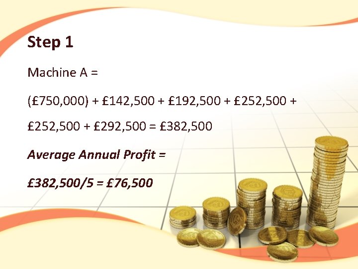 Step 1 Machine A = (£ 750, 000) + £ 142, 500 + £