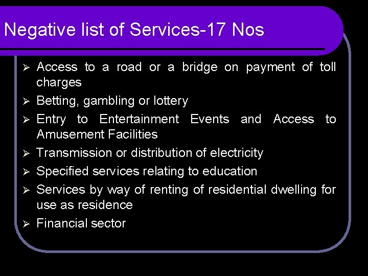 Negative list of Services-17 Nos Ø Ø Ø Ø Access to a road or Negative list of Services-17 Nos Ø Ø Ø Ø Access to a road or