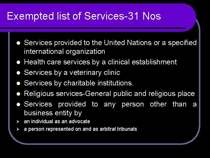 Exempted list of Services-31 Nos l l l Services provided to the United Nations Exempted list of Services-31 Nos l l l Services provided to the United Nations
