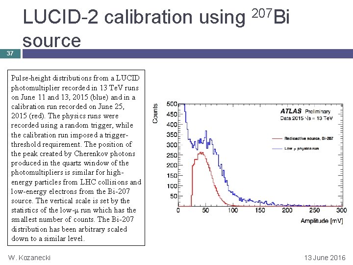 37 LUCID-2 calibration using 207 Bi source Pulse-height distributions from a LUCID photomultiplier recorded