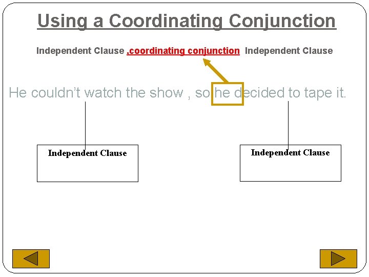 Using a Coordinating Conjunction Independent Clause , coordinating conjunction Independent Clause He couldn’t watch