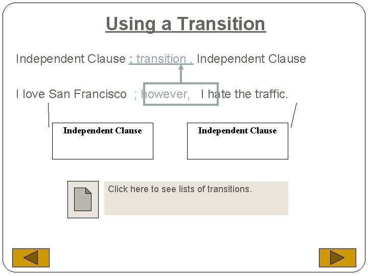 Using a Transition Independent Clause ; transition , Independent Clause I love San Francisco