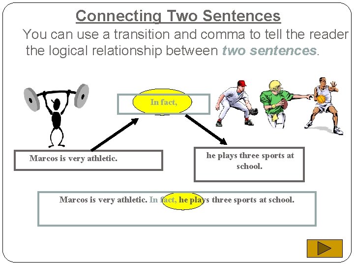 Connecting Two Sentences You can use a transition and comma to tell the reader