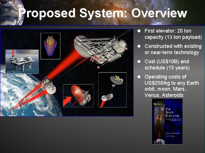 Proposed System: Overview l First elevator: 20 ton capacity (13 ton payload) l Constructed