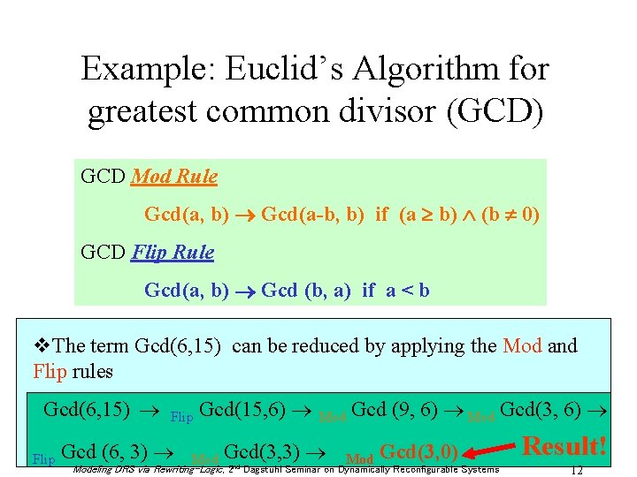 Example: Euclid’s Algorithm for greatest common divisor (GCD) GCD Mod Rule Gcd(a, b) Gcd(a-b,