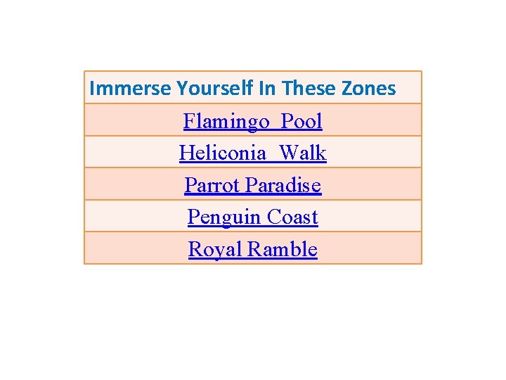 Immerse Yourself In These Zones Flamingo Pool Heliconia Walk Parrot Paradise Penguin Coast Royal