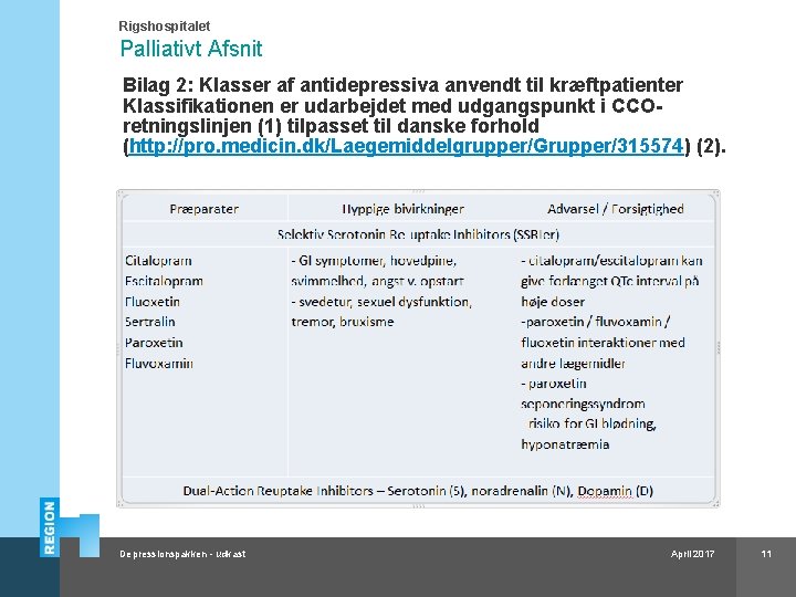 Rigshospitalet Palliativt Afsnit Bilag 2: Klasser af antidepressiva anvendt til kræftpatienter Klassifikationen er udarbejdet