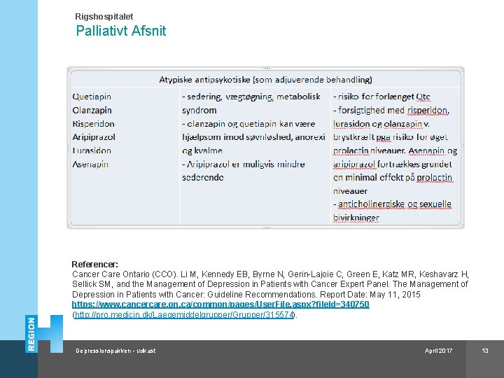 Rigshospitalet Palliativt Afsnit Referencer: Cancer Care Ontario (CCO). Li M, Kennedy EB, Byrne N,