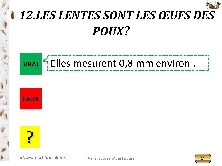 12. LES LENTES SONT LES ŒUFS DES POUX? VRAI Elles mesurent 0, 8 mm