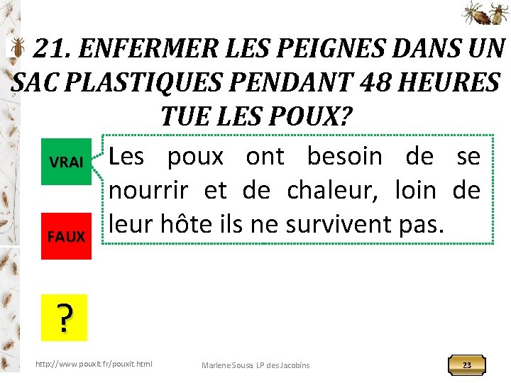 21. ENFERMER LES PEIGNES DANS UN SAC PLASTIQUES PENDANT 48 HEURES TUE LES POUX?