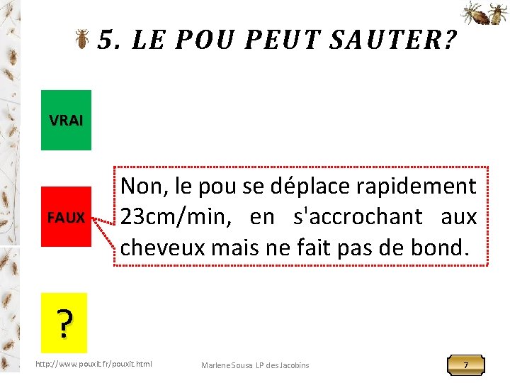 5. LE POU PEUT SAUTER? VRAI FAUX Non, le pou se déplace rapidement 23