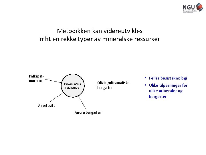 Metodikken kan videreutvikles mht en rekke typer av mineralske ressurser Kalkspatmarmor FELLES BASIS TEKNOLOGI