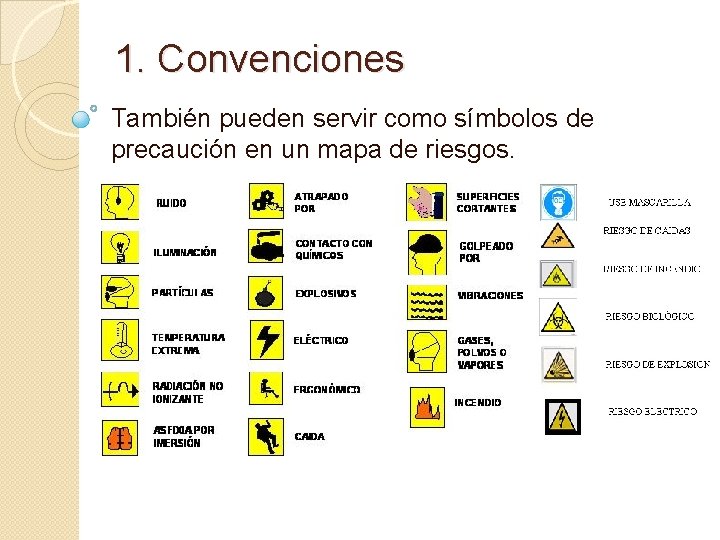 1. Convenciones También pueden servir como símbolos de precaución en un mapa de riesgos.