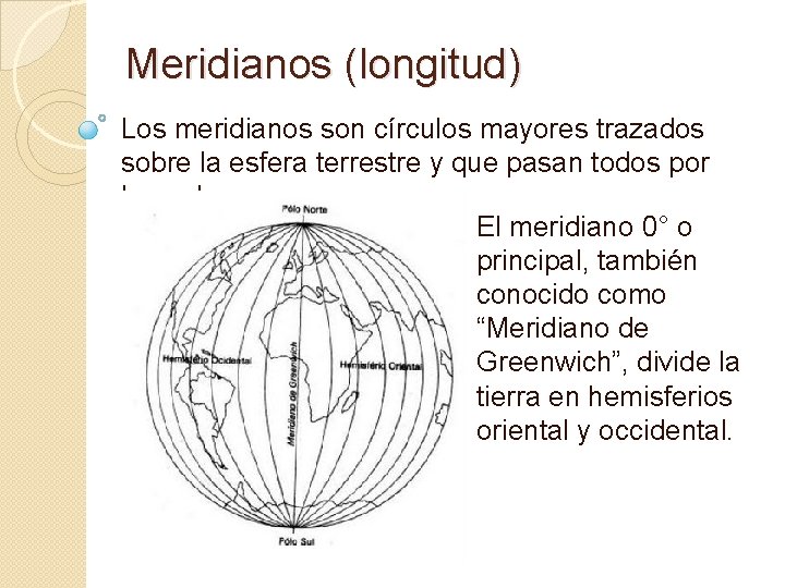 Meridianos (longitud) Los meridianos son círculos mayores trazados sobre la esfera terrestre y que