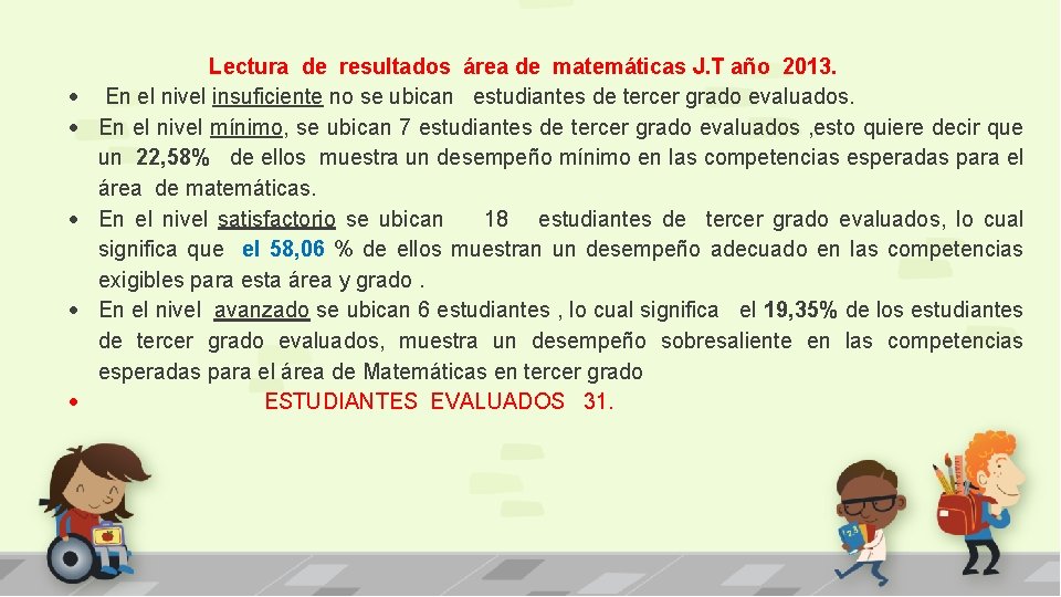  Lectura de resultados área de matemáticas J. T año 2013. En el nivel