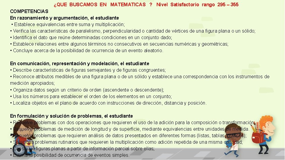 ¿QUE BUSCAMOS EN MATEMATICAS ? Nivel Satisfactorio rango 295 – 355 COMPETENCIAS En razonamiento